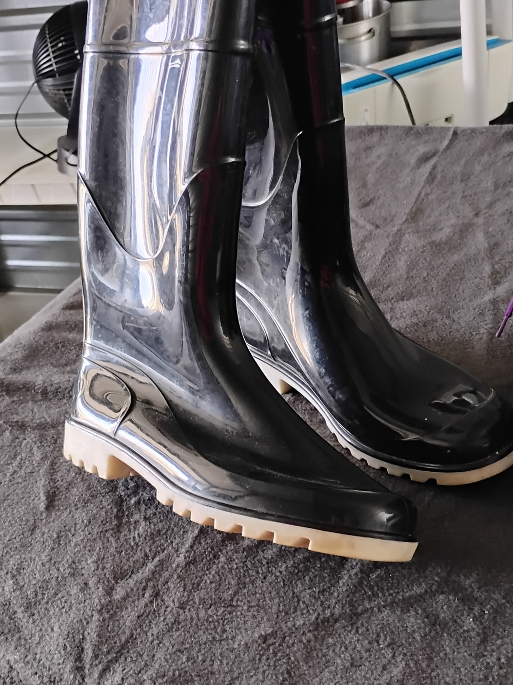 Glossy Black Rain Boots with Cream Tread